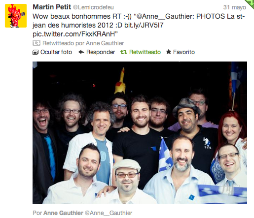 Tweet de Martin Petit sur mes photos de la conférence de presse sur la St-Jean des Humoristes et les carrés bleus 2012